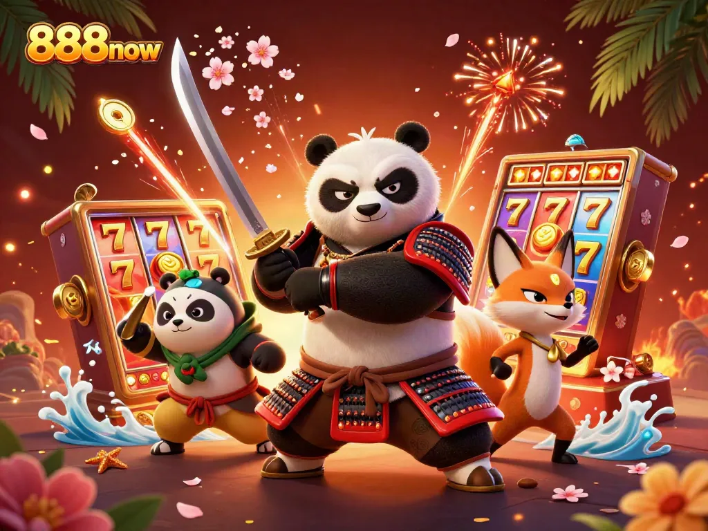Engage with the thrilling gaming experience at 888now, featuring dynamic characters and vibrant slot game elements.