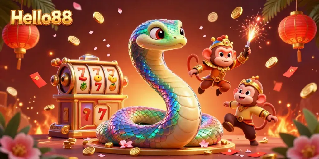 Engage in thrilling gaming adventures with Hello88 cartoon casino scene featuring vibrant characters and slot elements.