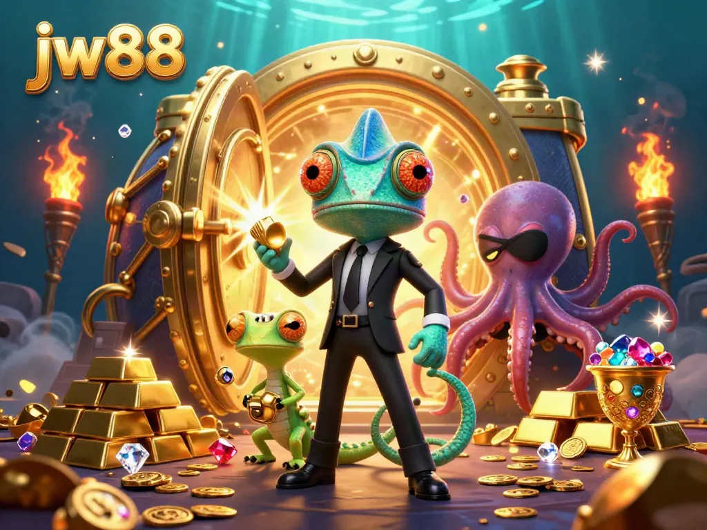 Win big at jw88 with vibrant 3D characters and gold treasures in this online casino scene.