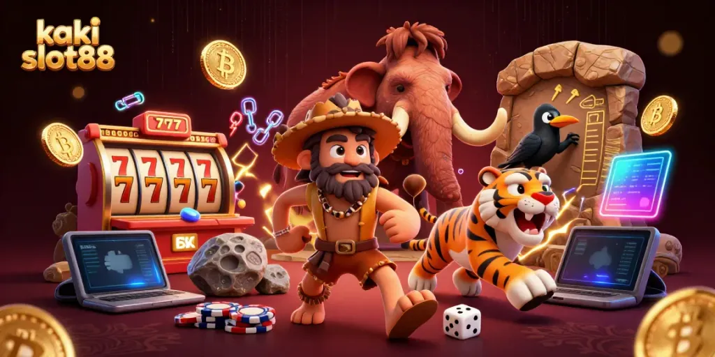 Permainan kaki slot88 menampilkan duo prasejarah menarik dan elemen kasino digital.