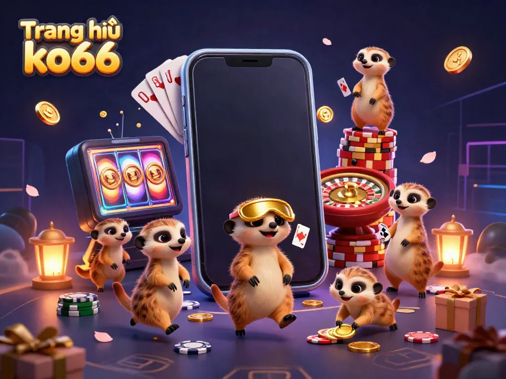 Experience the energy of Trang chủ ko66 through this vibrant casino scene with meerkats managing games and winning chips.