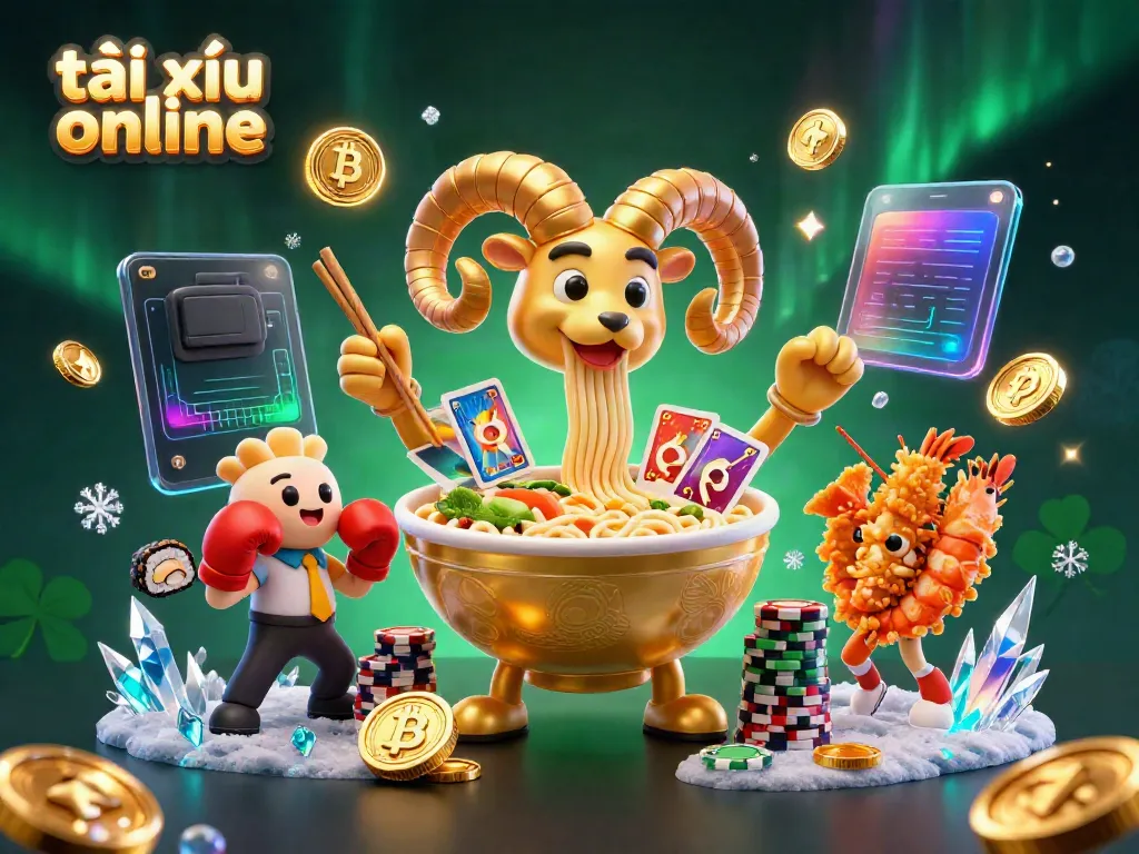 Engaging scene of tài xỉu online featuring a giant ramen bowl character and vibrant casino elements promoting online gambling.
