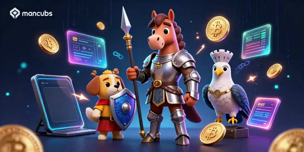 Engage in thrilling manclubs action as a knight and puppy encounter crypto elements in a vibrant casino setting