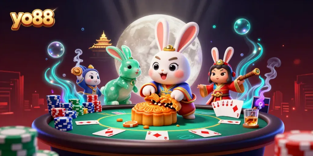 Engage with yo88's vibrant casino scene featuring poker chips emerging from mooncakes.