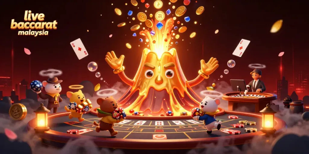 Experience live baccarat malaysia with vibrant 3D casino illustration featuring a golden volcano and rich gaming elements.