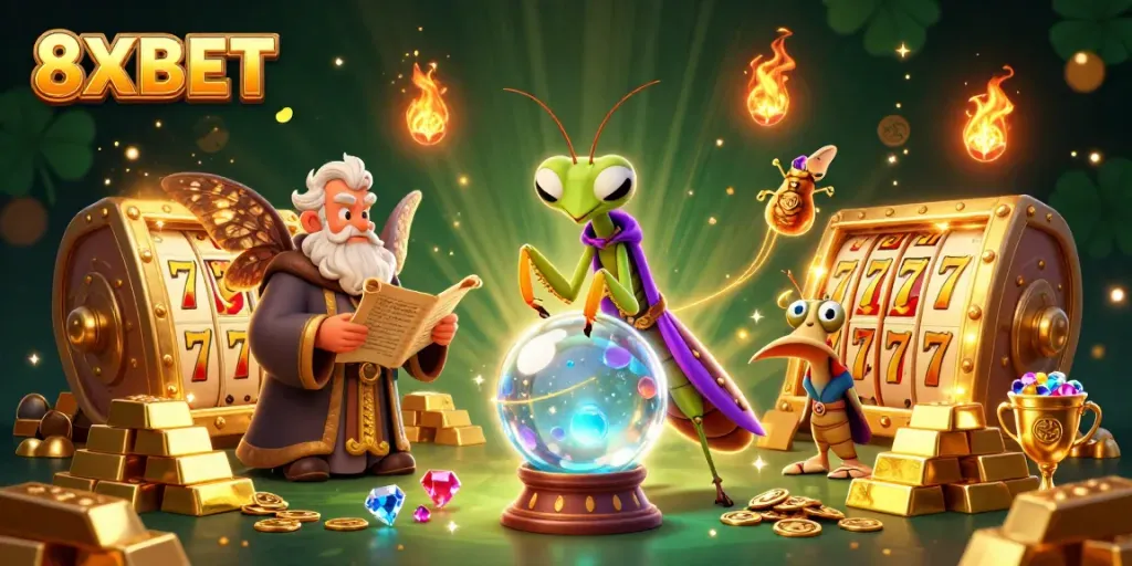 Engage with 8XBET's vibrant casino magic, showcasing festive slot elements and mystical characters.
