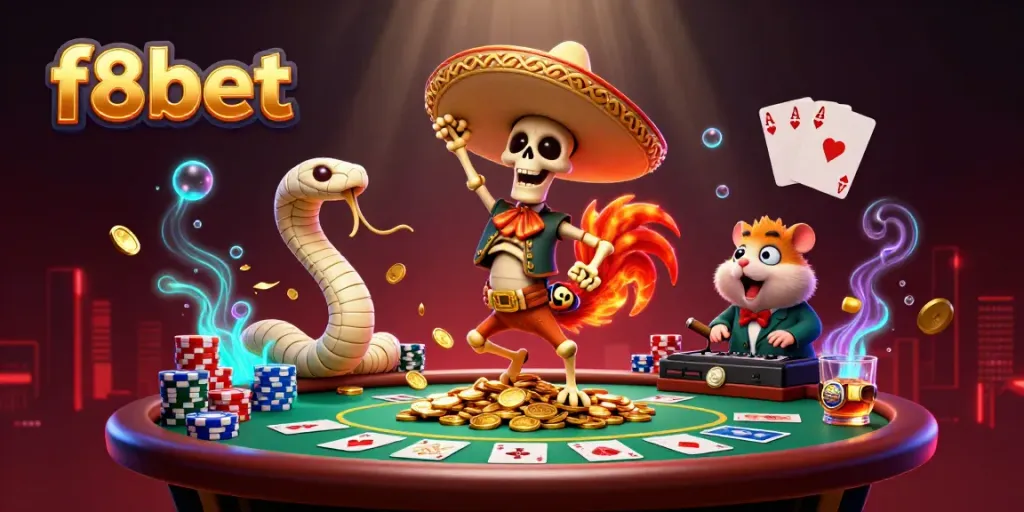 Engage with f8bet's thrilling poker scene featuring character interactions in a vibrant casino.