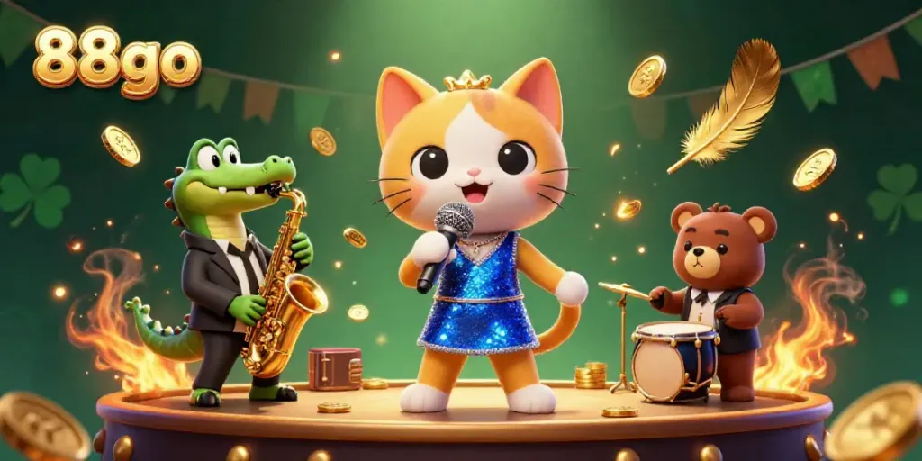 Experience the lively atmosphere of 88go casino with a jazz-singer cat and musical animals performing.