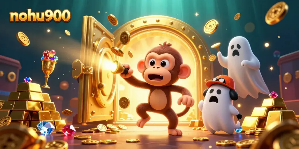 Experience the thrill of nohu900 with a playful monkey and ghost-hunter puppy in a lively casino scene.