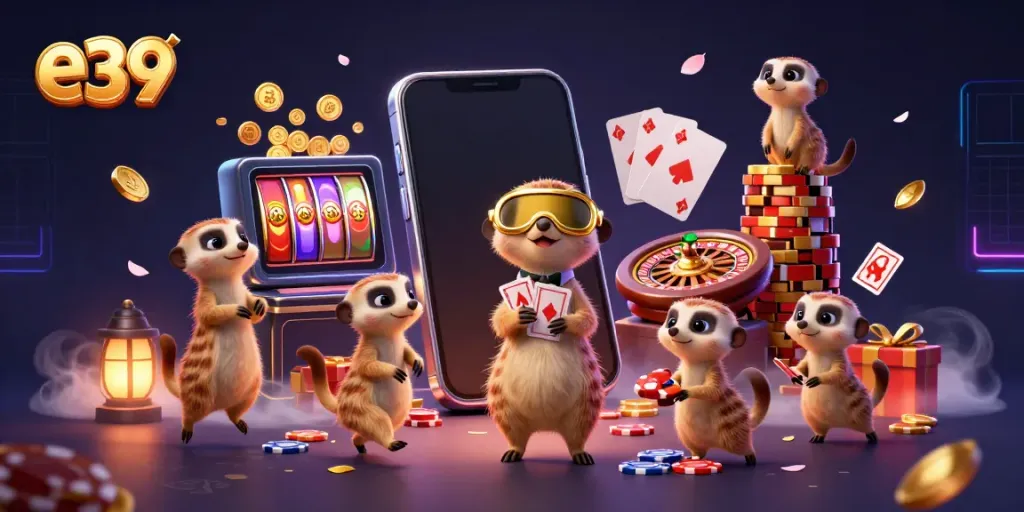 E39 meerkats controlling a vibrant casino with dynamic slot games and festive decorations.