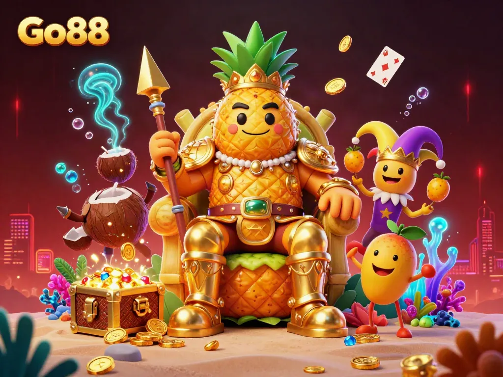 Engage with Go88's vibrant casino scene featuring a golden pineapple king and lively beach elements.