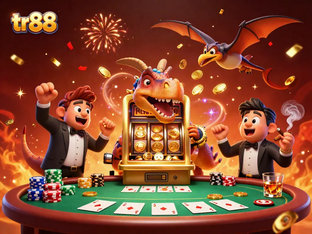 tr88 casino featuring a pachycephalosaurus jackpot win with colorful poker elements and festive atmosphere.