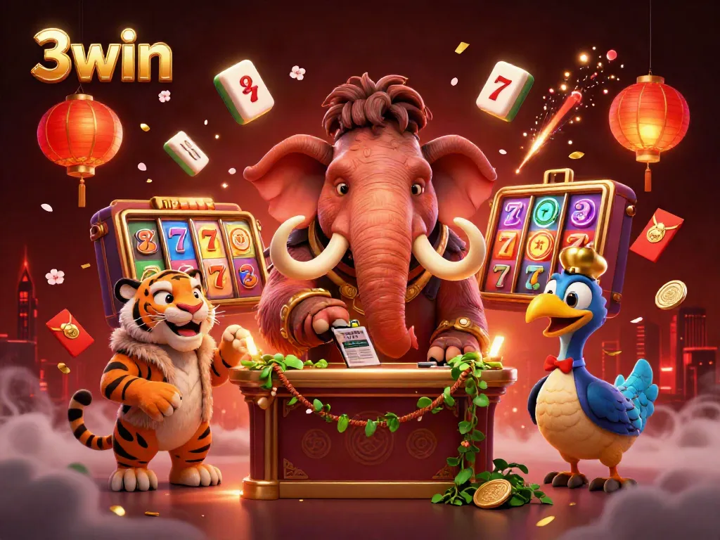 Experience the lively atmosphere of 3win with vibrant casino characters in a dynamic 3D illustration.