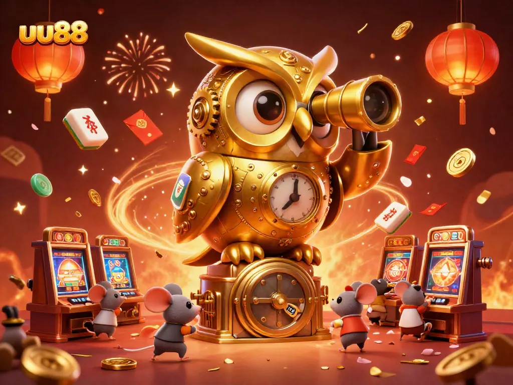 Experience the thrill of uu88 with a vibrant casino scene featuring a golden owl and animated mice.